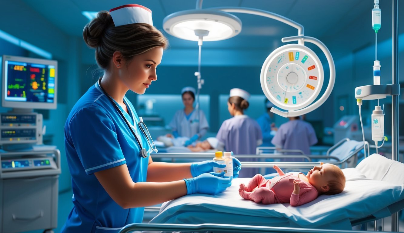 Nurse tending to newborn baby in a hospital nursery setting