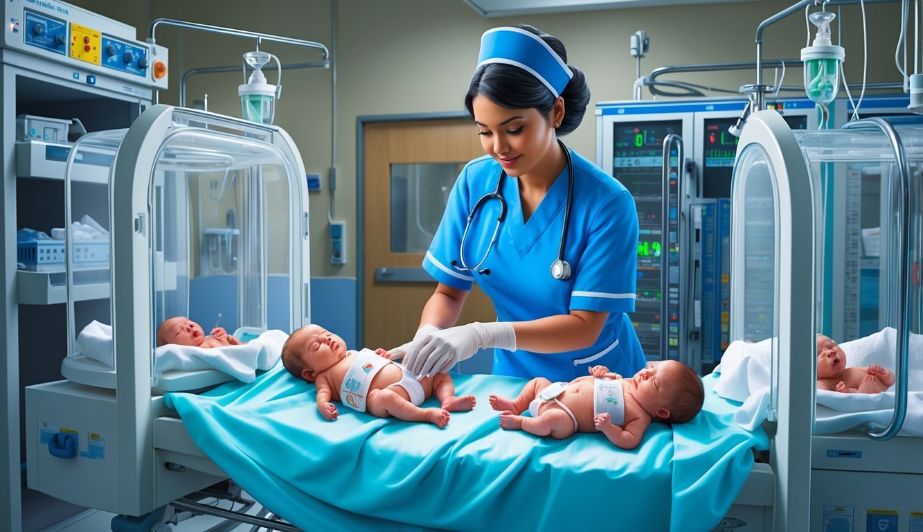 A nurse caring for premature babies in a neonatal intensive care unit, surrounded by medical equipment and incubators