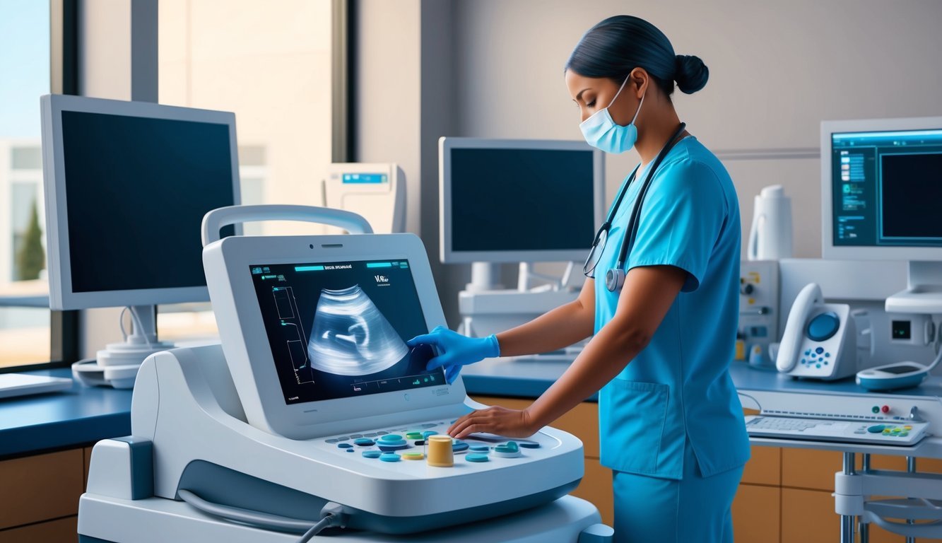 A person in scrubs operates an ultrasound machine in a modern medical facility, surrounded by monitors and medical equipment