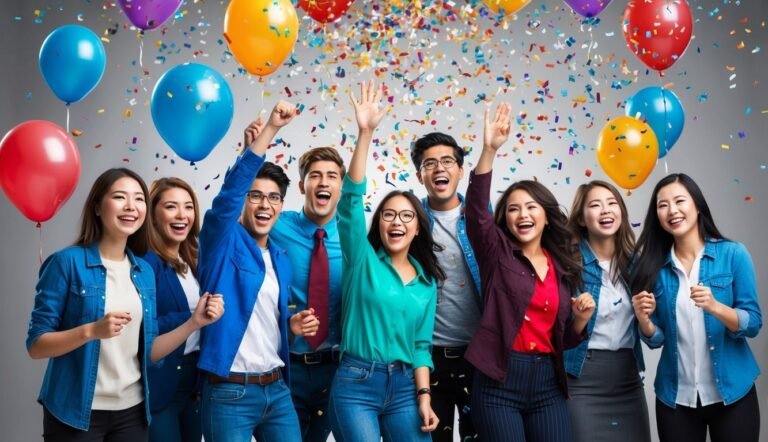 Group of diverse people celebrating with balloons and confetti