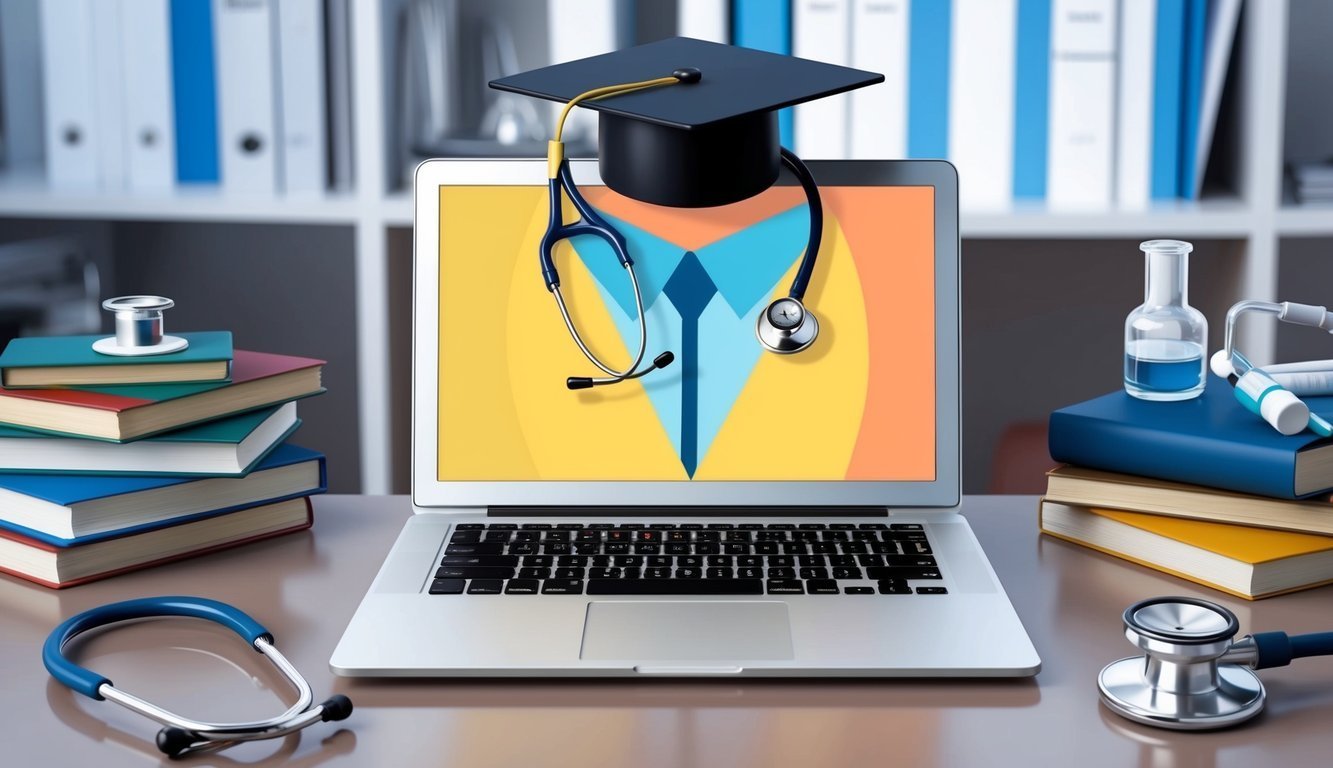 Laptop with stethoscope, graduation cap, books, and medical education concept