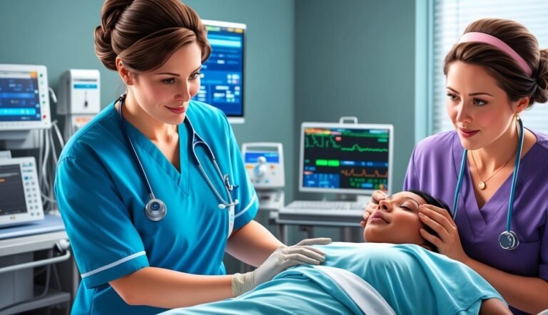 Two nurses attending to a patient in a hospital room