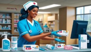 Smiling nurse in uniform holding medical supplies in a pharmacy setting