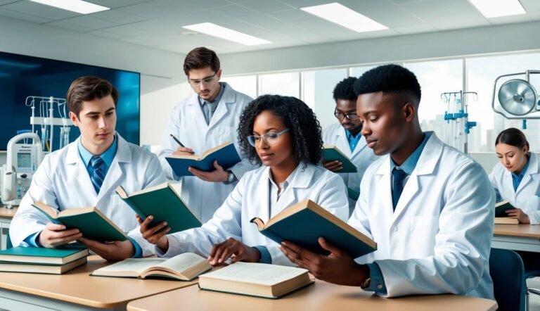 Medical students in lab coats studying books at a table