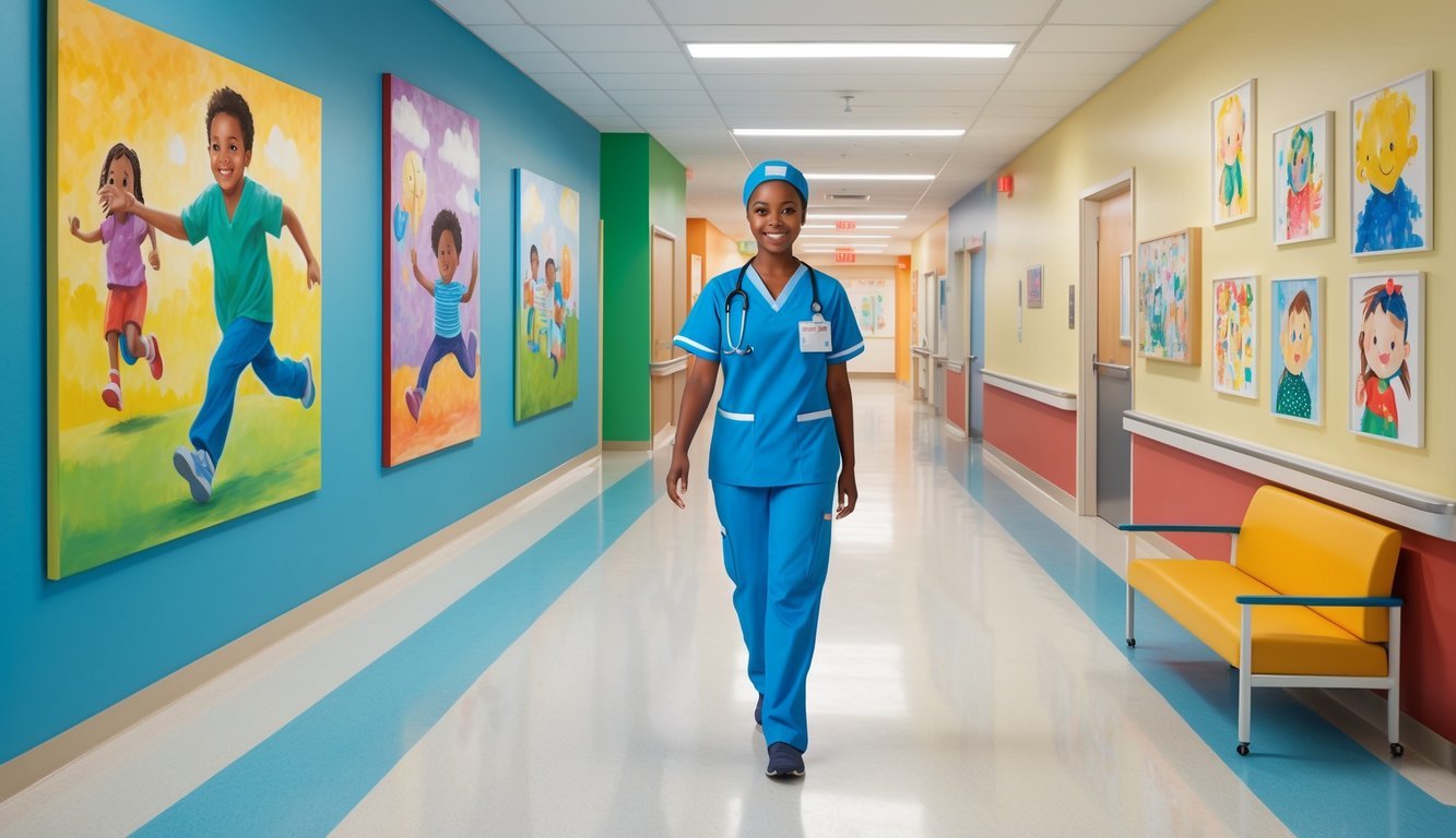 A pediatric nurse in scrubs walking down a hospital hallway, passing colorful murals and cheerful children's artwork on the walls