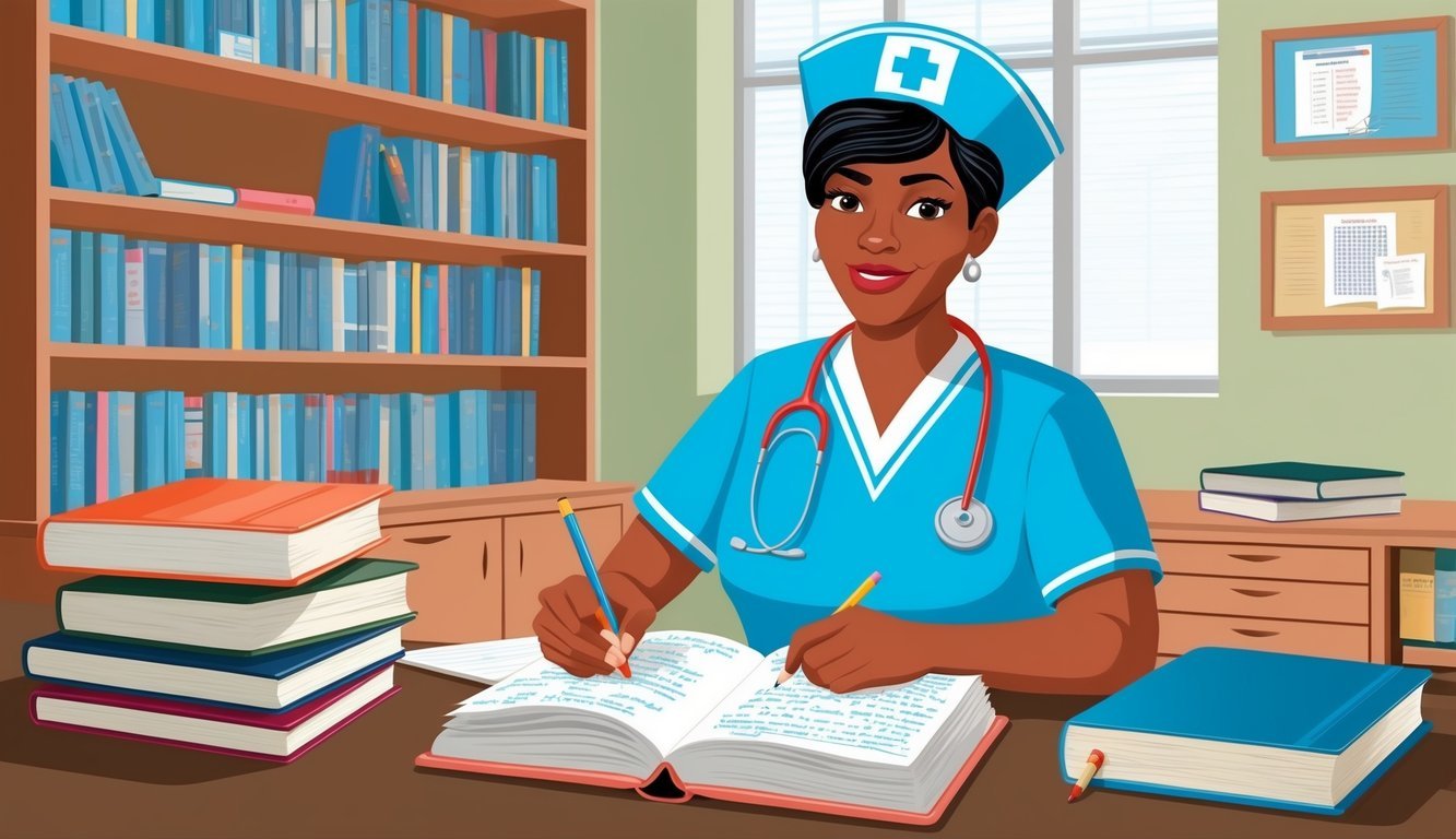 A pediatric nurse studying textbooks and taking notes at a desk
