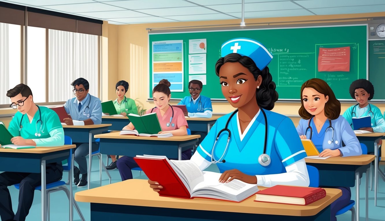 A pediatric nurse studying textbooks and attending classes in a hospital classroom