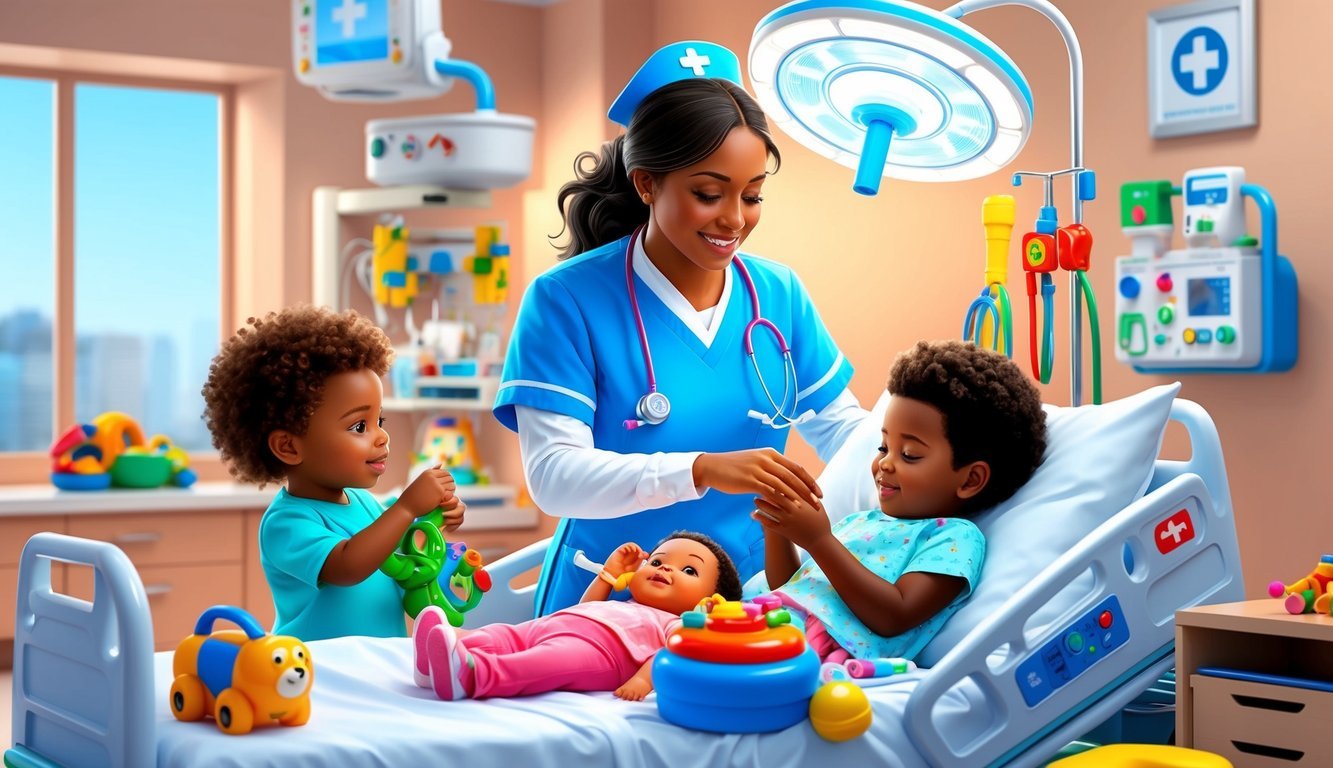 A pediatric nurse caring for children in a hospital setting, surrounded by medical equipment and colorful toys, with a warm and comforting atmosphere