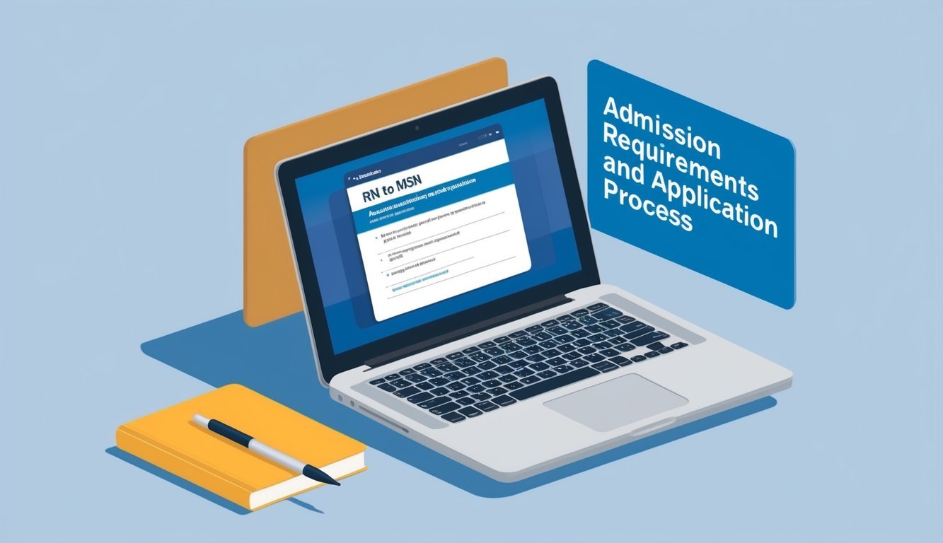 A laptop open to a website displaying "Admission Requirements and Application Process" for an RN to MSN program.</p><p>A pen and notebook sit nearby