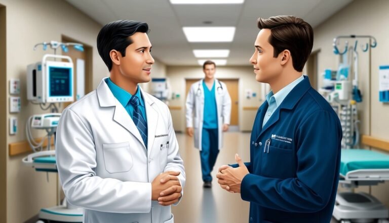 Two doctors in a hospital hallway talking, with another doctor walking in the background
