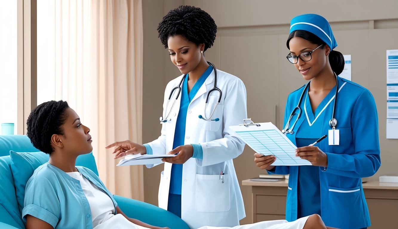 A nurse practitioner consults with a patient, while an advanced practice registered nurse reviews medical charts