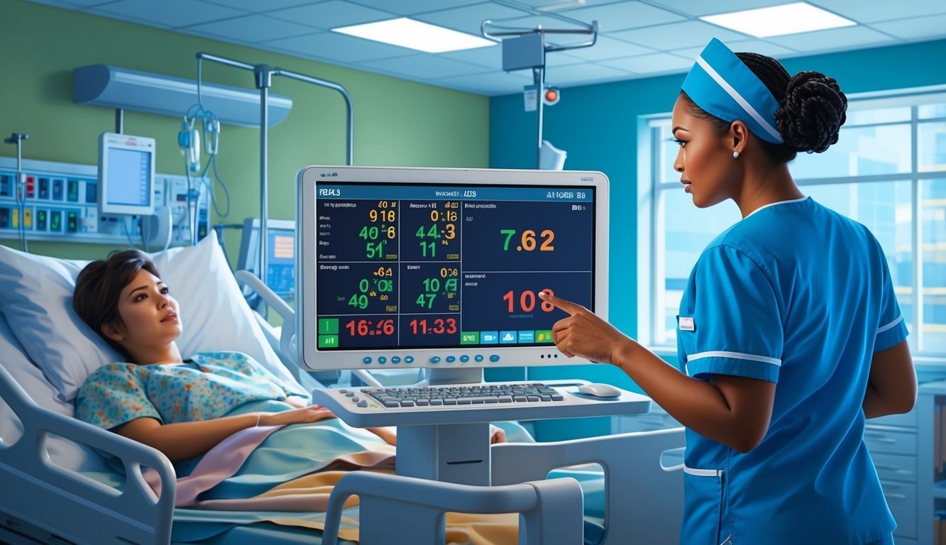 A nurse in scrubs observes a patient's vitals on a monitor in a hospital room during a clinical experience
