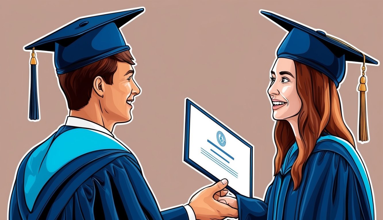A graduate in cap and gown receiving diploma from a university official
