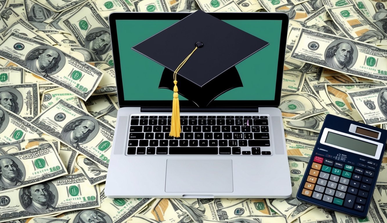 A laptop with a graduation cap on the keyboard, surrounded by scattered dollar bills and a calculator