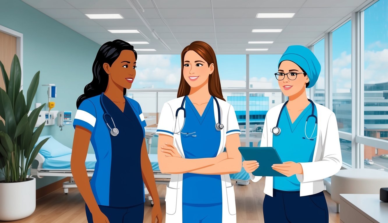 An APRN and NP discussing career advancement in a modern hospital setting