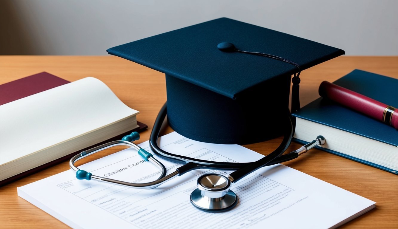 A graduation cap and stethoscope on a desk with a diploma and textbooks