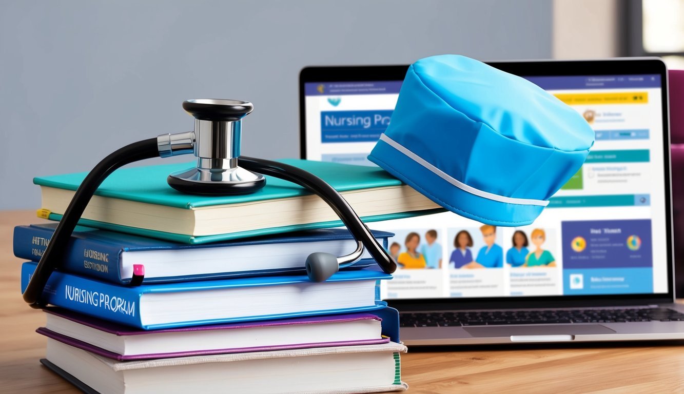 A stethoscope and a nursing cap placed on a stack of textbooks, with a laptop open to a nursing program website