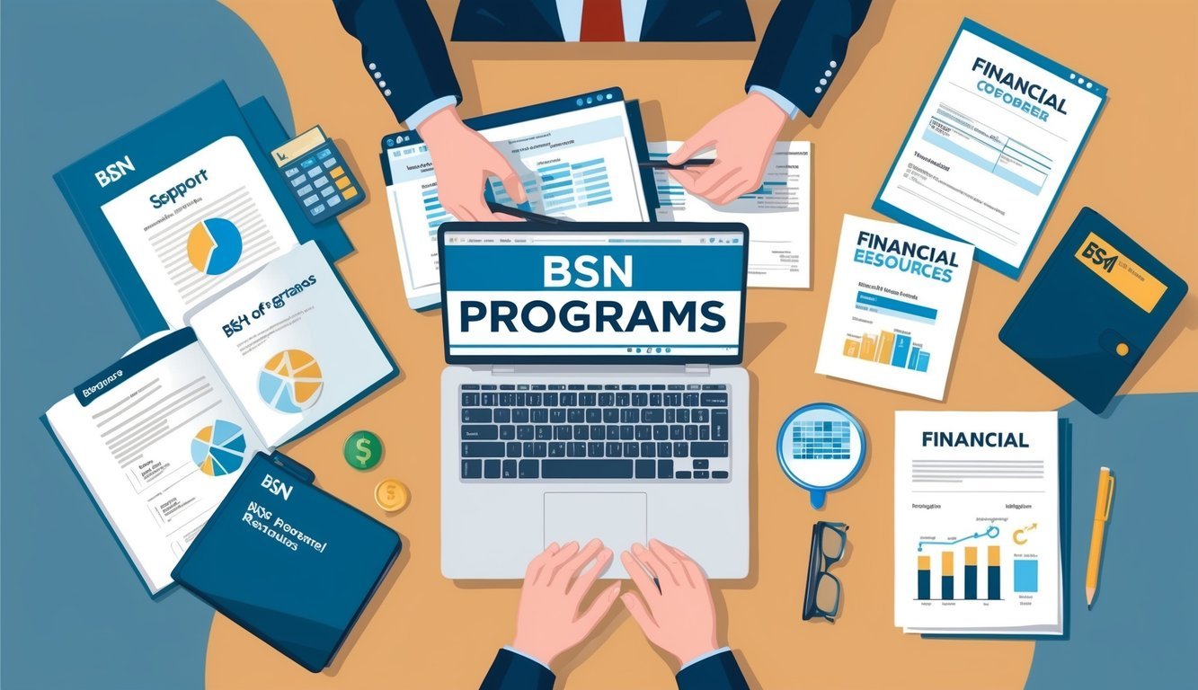 A person researching BSN programs online, surrounded by financial documents and support resources