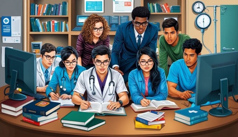Medical professionals studying together around a table with books and computers