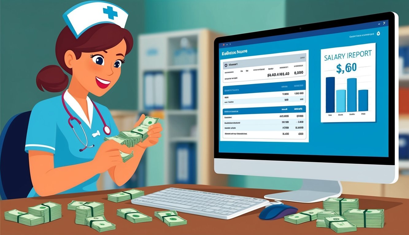 A pediatric nurse counting money in front of a computer with a salary report on the screen