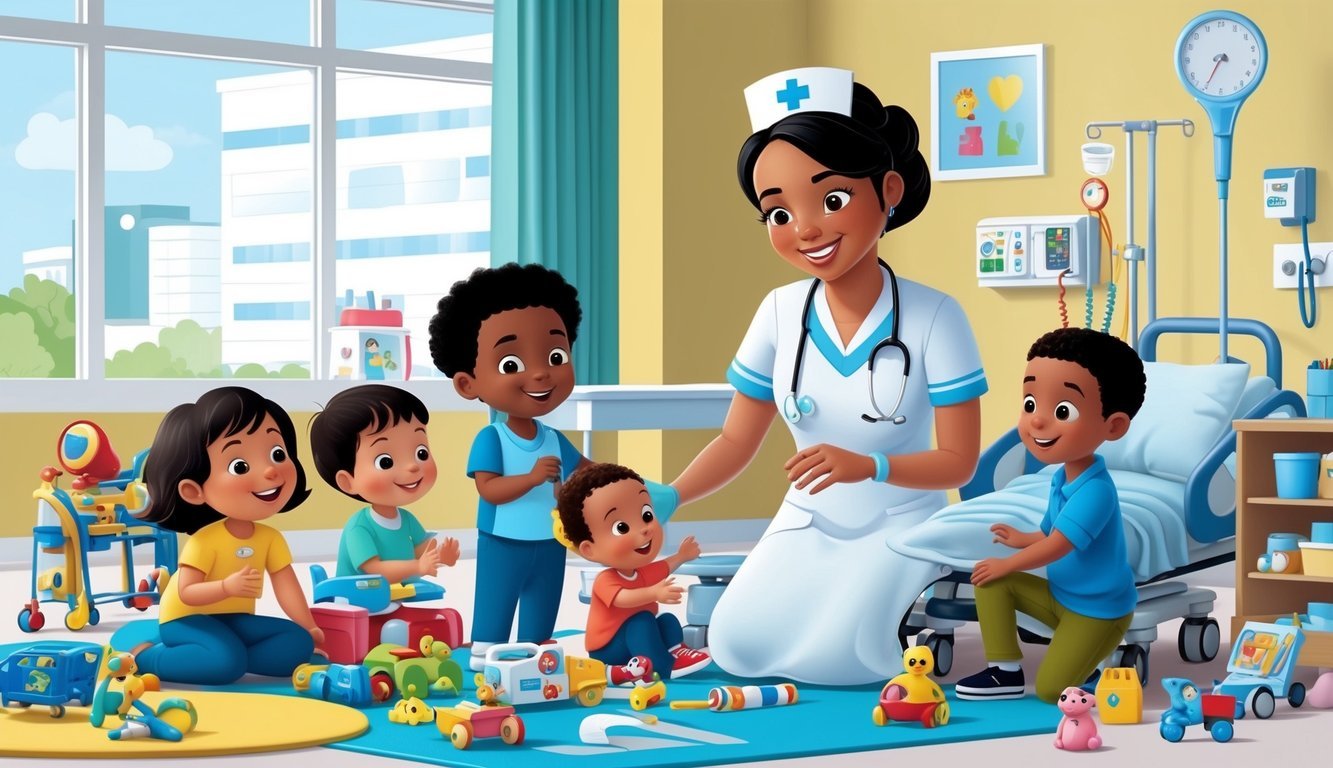 A pediatric nurse in a hospital setting, interacting with children and their families.</p><p>Various medical equipment and toys are scattered around the room