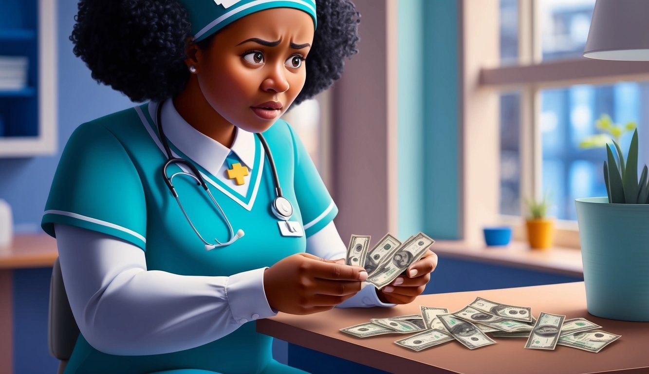A pediatric nurse counting money with a concerned expression
