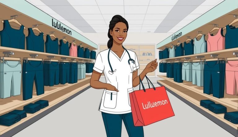 Cartoon nurse with Lululemon bag in a store, smiling at the viewer