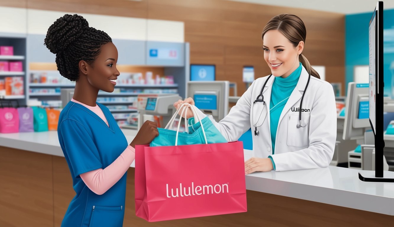 A nurse in scrubs holding a Lululemon shopping bag at the checkout counter