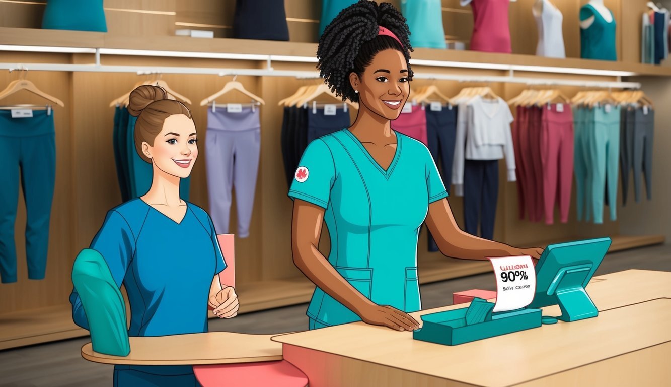 A nurse wearing scrubs stands in a lululemon store, receiving a discount at the checkout counter