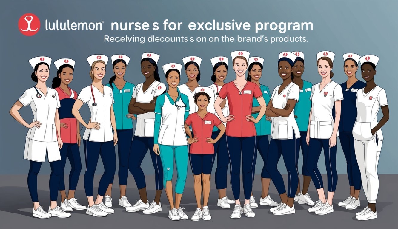 A group of nurses wearing Lululemon attire gather for an exclusive program, receiving discounts on the brand's products