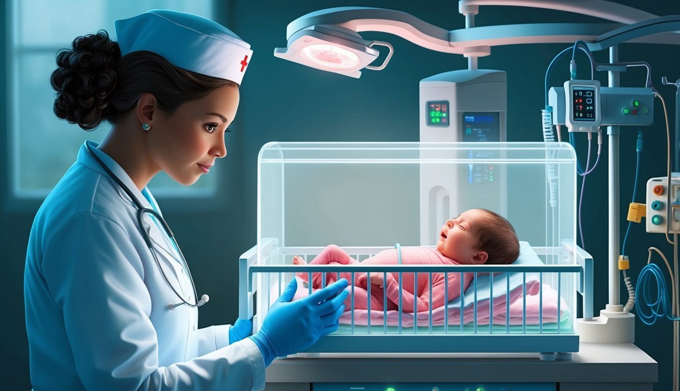 Nurse looking at newborn baby in incubator, medical equipment in background