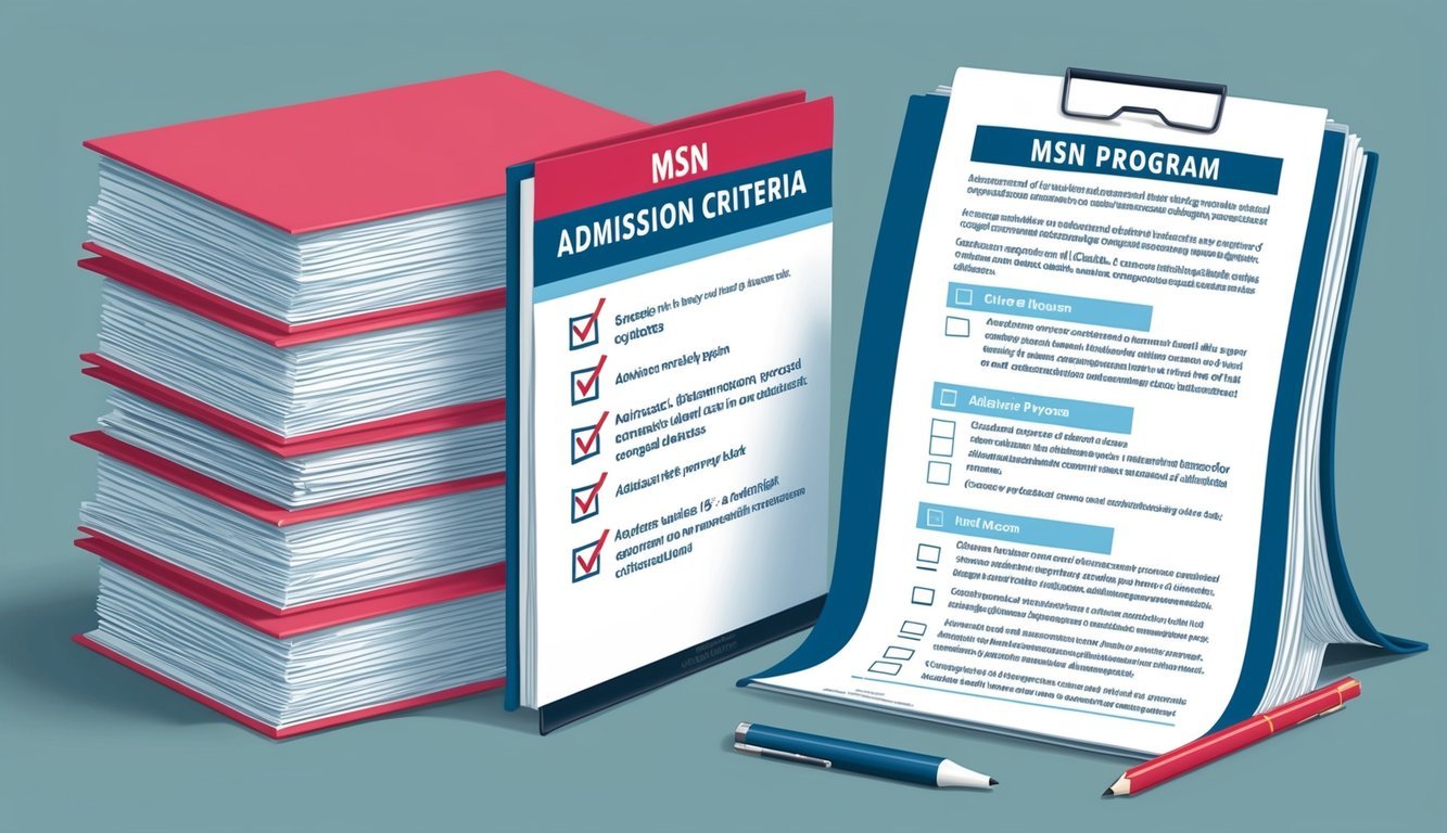 A stack of academic documents and a checklist of admission criteria for MSN program
