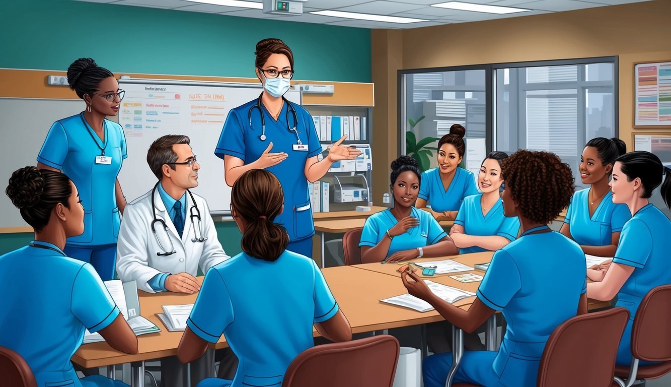 A neonatal nurse practitioner providing professional development training to a group of nurses in a hospital classroom setting