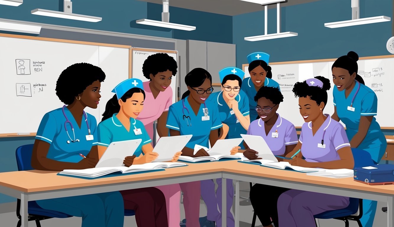 Group of nurses studying together at a table in a classroom