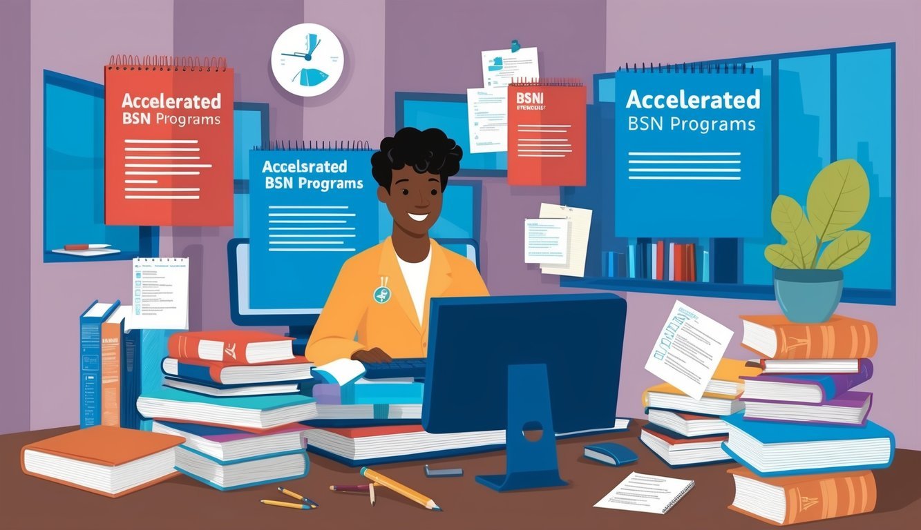 A person at a computer, researching and comparing different accelerated BSN programs, surrounded by books and notes