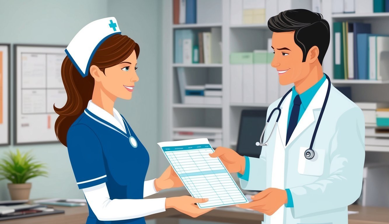 Nurse handing a medical chart to a smiling doctor in an office