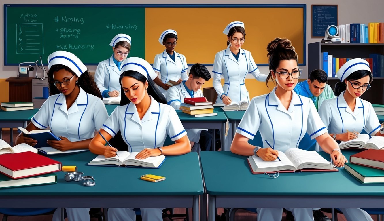 Nursing students in a classroom studying, writing, and reading books
