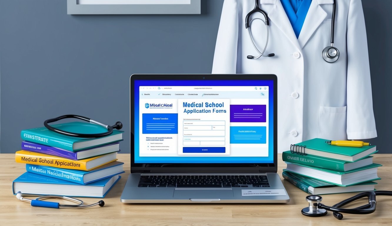 A desk cluttered with medical textbooks, stethoscope, and a laptop displaying online medical school application forms.</p><p>A white coat hangs on the back of the chair