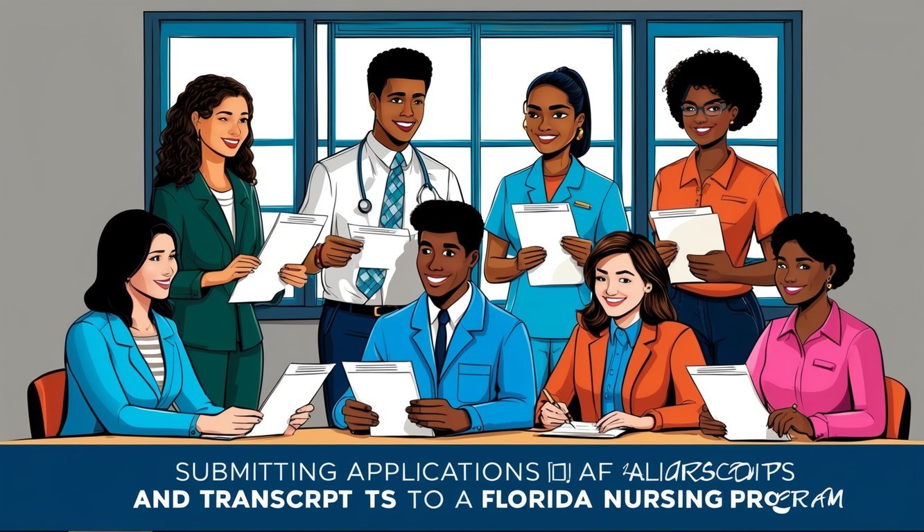 A group of students submitting applications and transcripts to a Florida nursing program