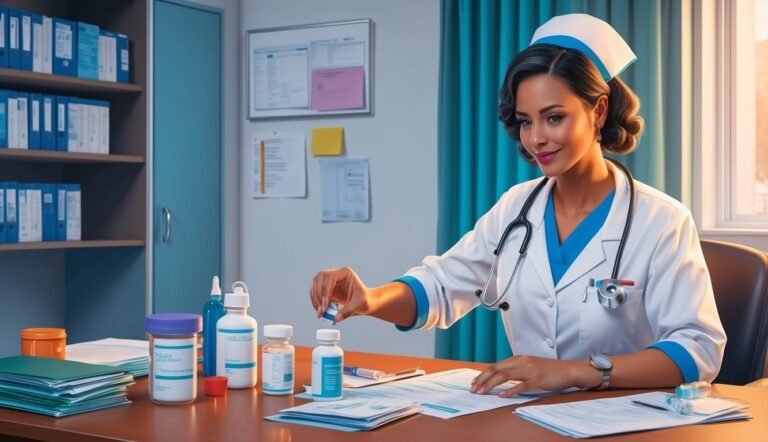 Nurse in uniform examines medication bottles at a desk in an office