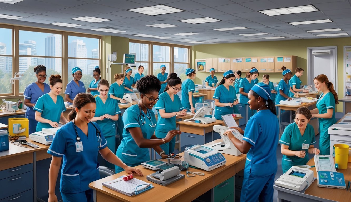 A bustling classroom filled with nursing students engaged in hands-on clinical training, surrounded by medical equipment and educational materials