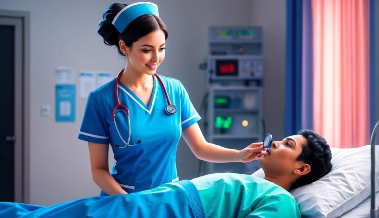 Nurse checking a patient's eyes with a light in a hospital room