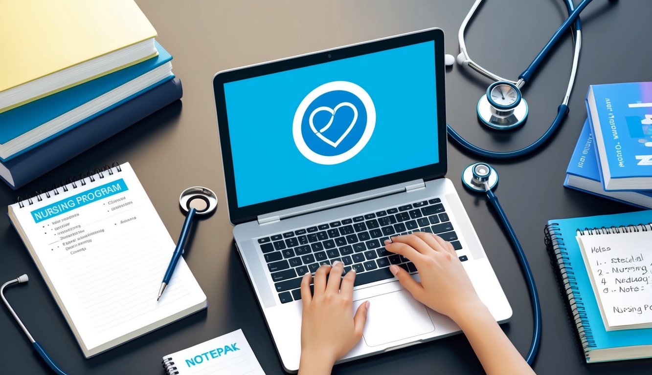 A laptop open on a desk, surrounded by medical textbooks, a stethoscope, and a notepad with nursing program notes