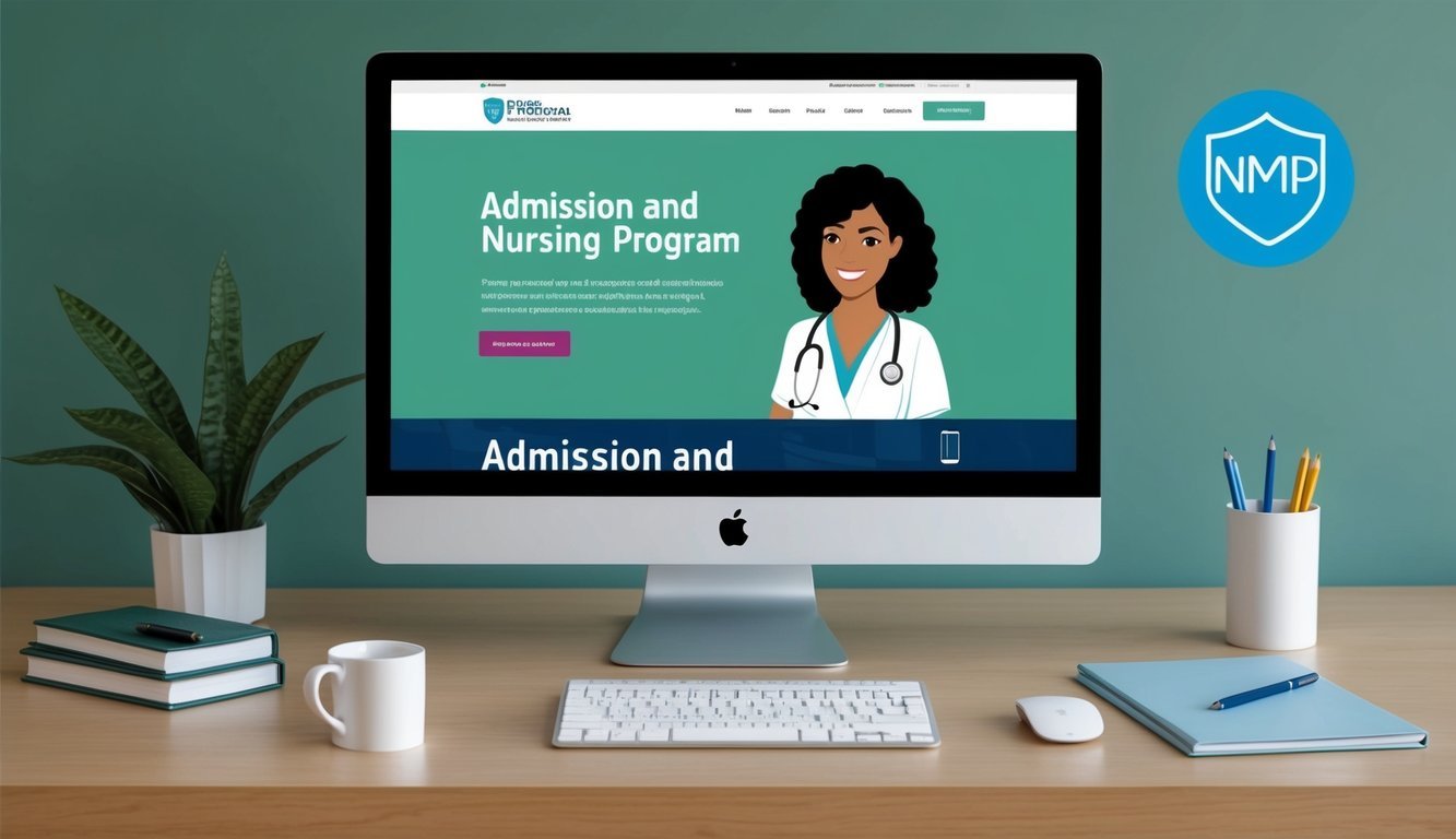 A computer displaying a nursing program website with admission and enrollment procedures