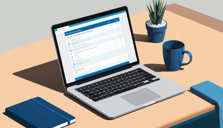 Laptop displaying a webpage, with a mug, plant, and notebook on a desk