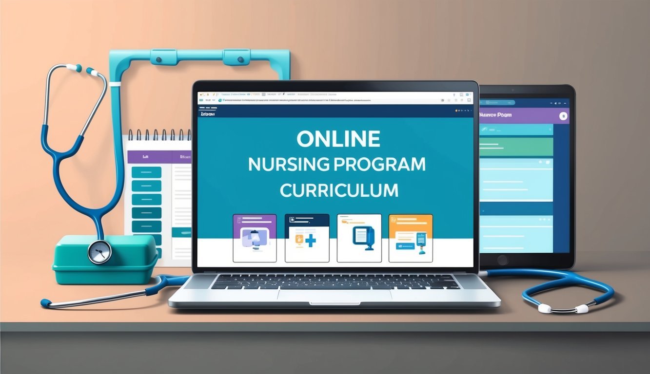 A laptop displaying an online nursing program curriculum with a stethoscope and medical equipment in the background