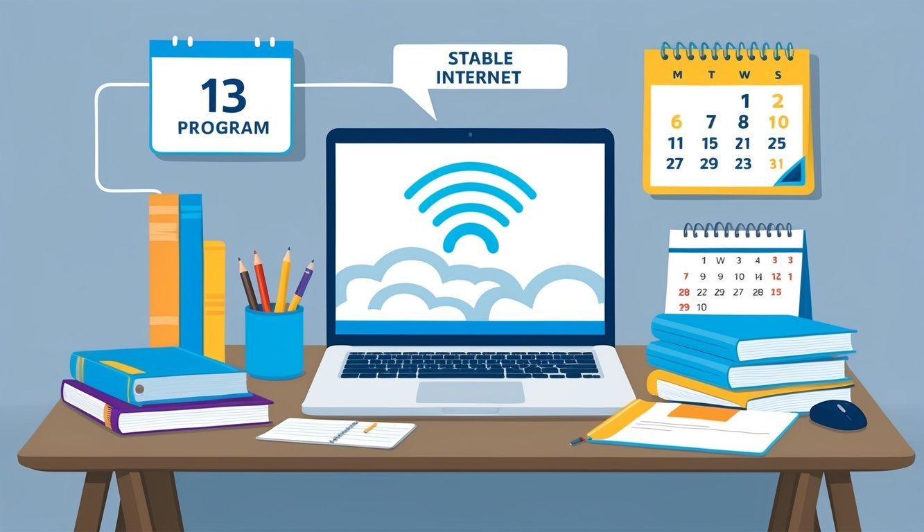 A laptop with a stable internet connection, a desk with study materials, and a calendar with important dates for the program