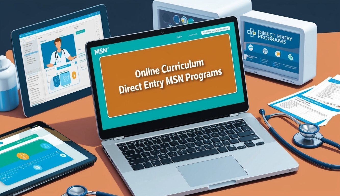 A laptop displaying an online curriculum for direct entry MSN programs, surrounded by clinical equipment and a stethoscope
