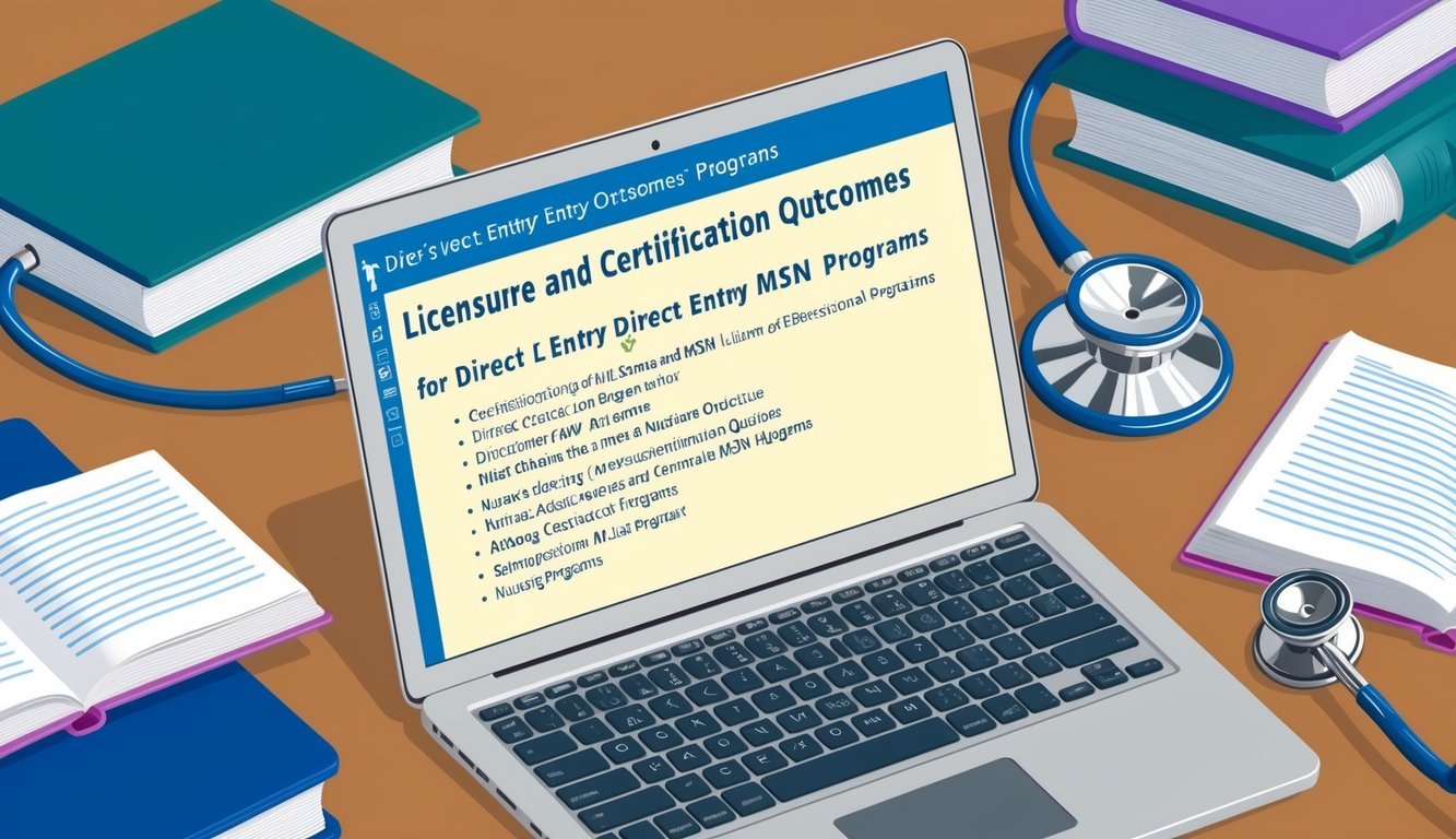 A laptop displaying a list of licensure and certification outcomes for direct entry MSN programs, surrounded by nursing textbooks and a stethoscope