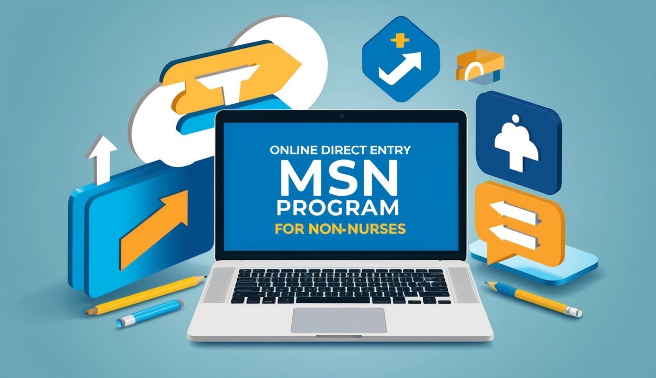 A laptop displaying an online direct entry MSN program for non-nurses, surrounded by career pathway and advancement symbols and icons